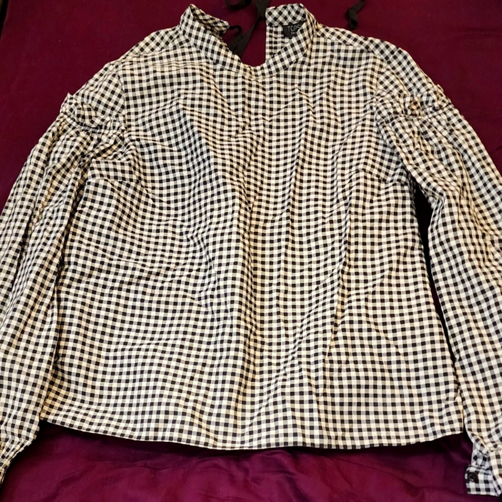 Topshop Black and White Gingham Blouse with Tie Closure back
